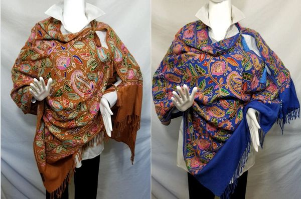 Brown or Royal Heavily Embroidered Kashmir 100% Wool 4 Way Ponchos Pashmina Scarf with Tassel Accent