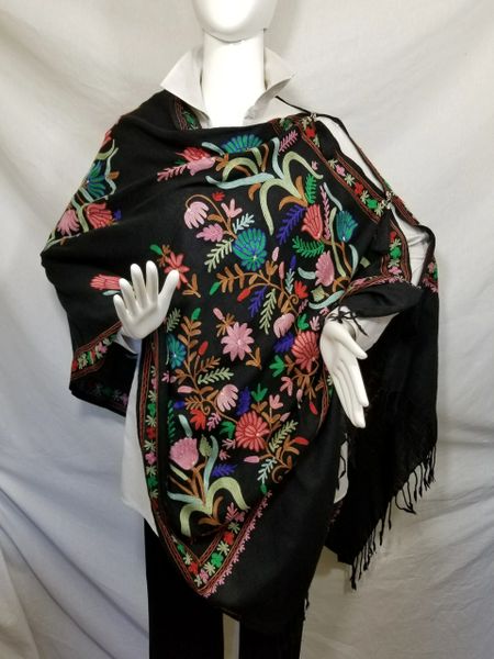 Black, Pink, Blue and Green Heavy Embroidered Kashmiri 100% wool 4 Way Ponchos Pashminas with Tassel Accents