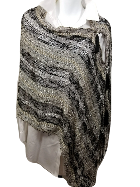 Woven Shades of Black and Tan Vest/Poncho/Scarf with Tassel Accents