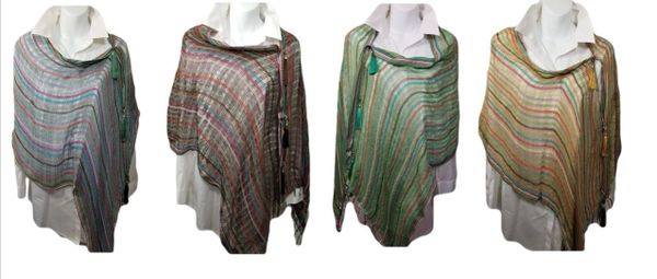 Woven Shades with Striped Red, Blue, Green, Brown Vest/Poncho/Scarf with Tassel Accents