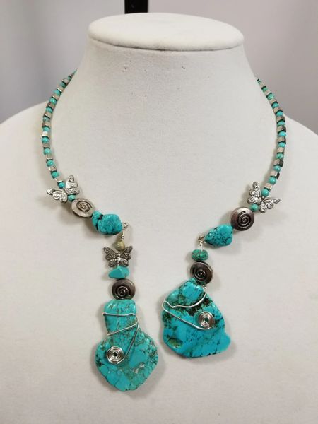 Turquoise and Silver Double Dangle Choker Necklace