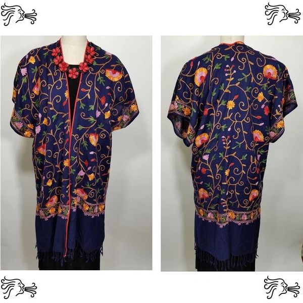 Navy Red Yellow Floral Embroidered Kimono Jacket Duster Vest