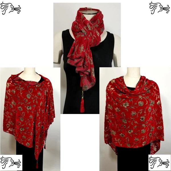 Red Gray Burnout Velvet Poncho with Detachable Tassels