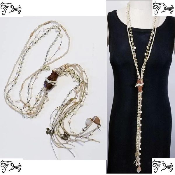 Long Leather Brown Jasper Stone Long Necklace Crystal Boho Tassel Charm