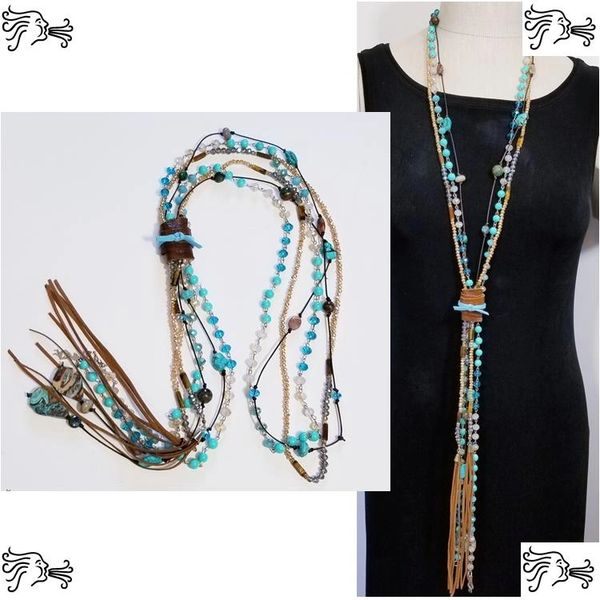 Mexican Turquoise Crystal Leather Stone Long Necklace Boho Chain Charm Woman