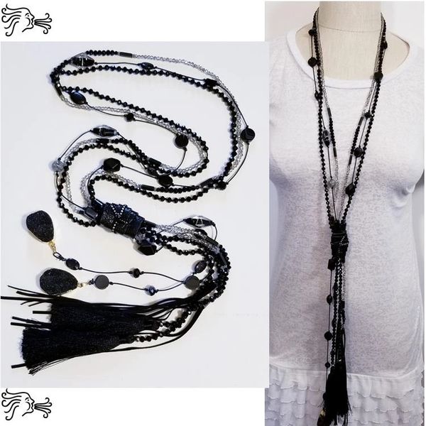 Black Crystal Leather Druzy Stone Long Necklace Boho Tassel Silver Chain Charm Women