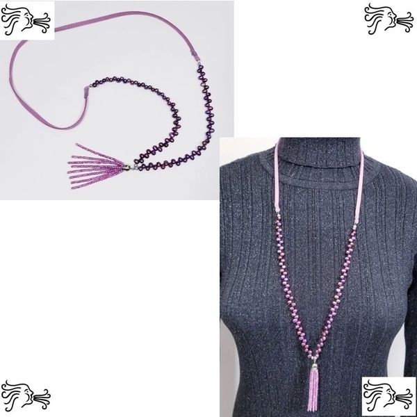 Magenta Purple Top Drilled Freshwater Pearl & Suede Necklace with Crystal tassel