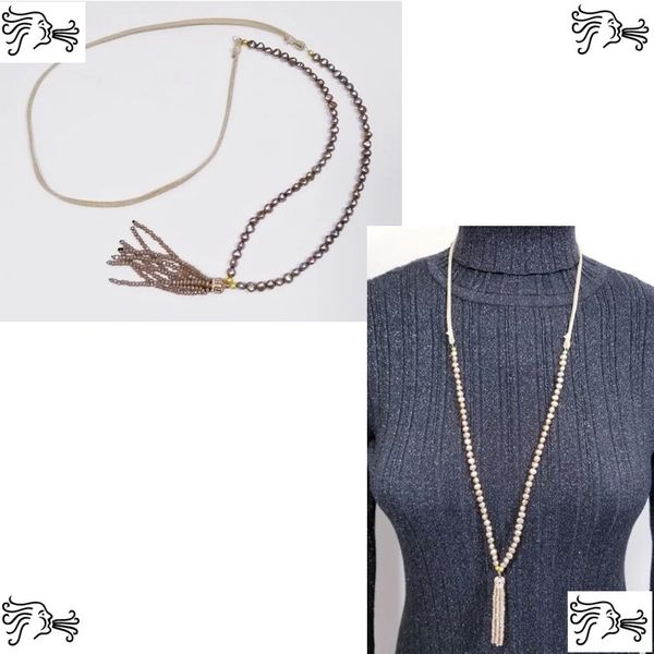 Taupe Brown Freshwater Pearl & Suede Necklace with Crystal tassel