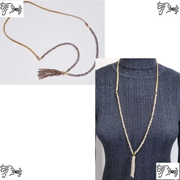 Light Brown Freshwater Pearl & Suede Necklace with Crystal tassel