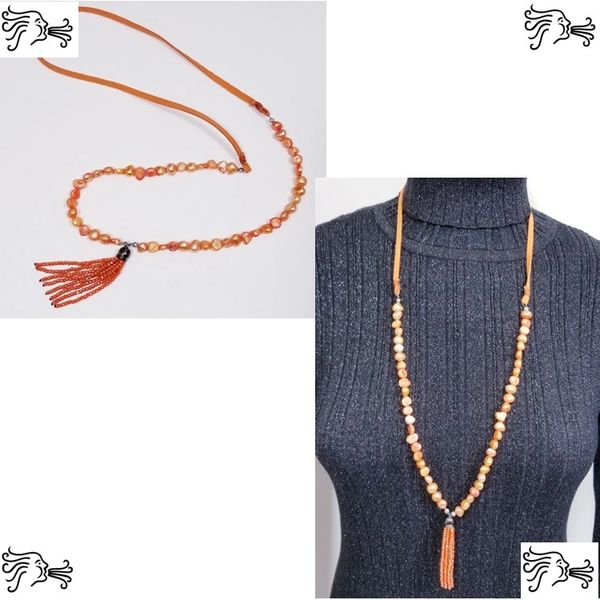 Orange Freshwater Pearl & Suede Necklace with Crystal tassel