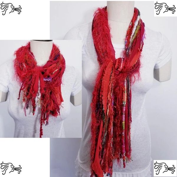 Yarn Tied Scarf 60" Red Mix