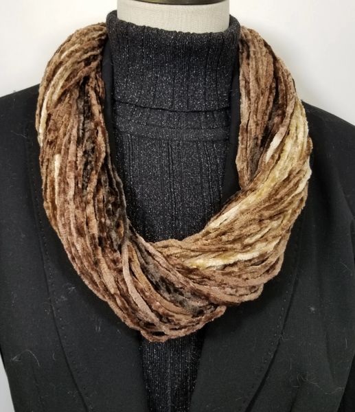 Mix of Coffee Browns Soft Velour Crushed Velvet Infinity Scarves with Magnetic Clasp Necklace