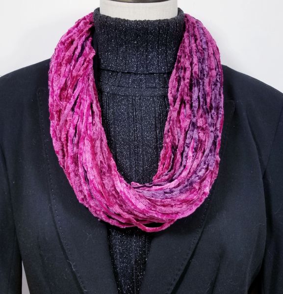 Bright Magenta Soft Velour Crushed Velvet Infinity Scarves with Magnetic Clasp Necklace