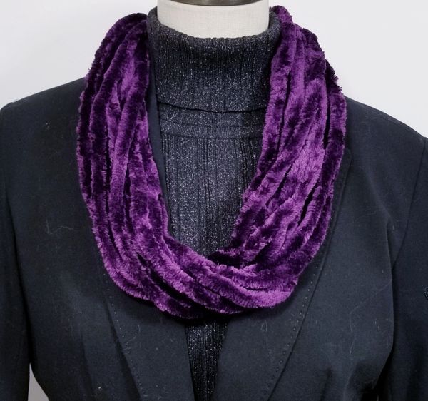 Royal Purple Soft Velour Crushed Velvet Infinity Scarves with Magnetic Clasp Necklace