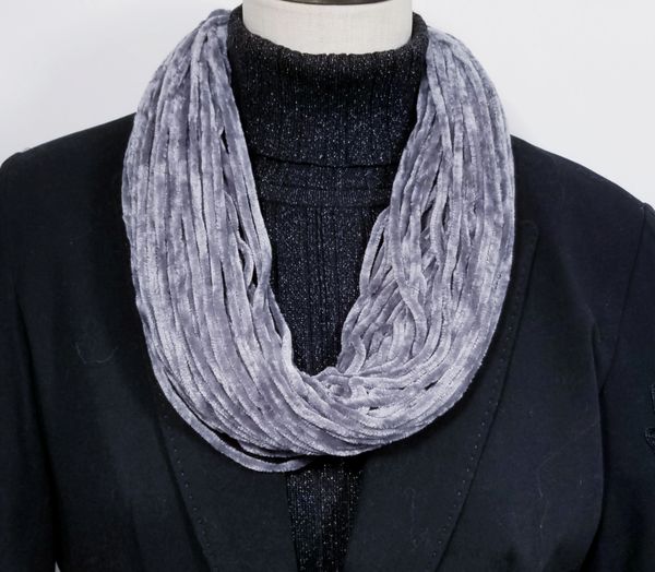 Steel Gray Soft Velour Crushed Velvet Infinity Scarves with Magnetic Clasp Necklace