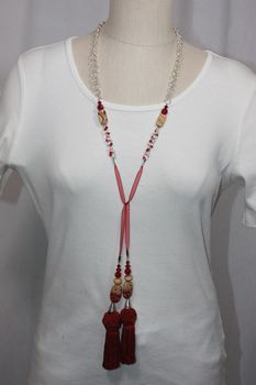 Tassel Stone and Bead Lariat Necklace Red and Tan