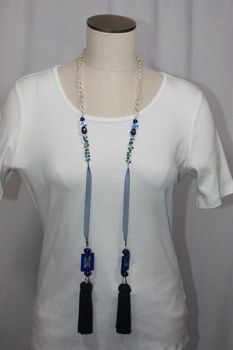 Tassel Stone and Bead Lariat Necklace Royal Blue and Green
