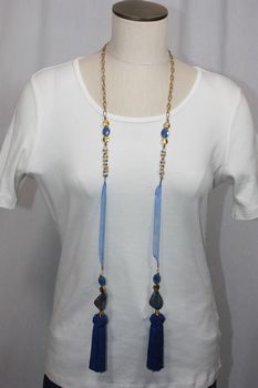 Tassel Stone and Bead Lariat Necklace Shades of Blue