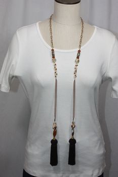 Tassel Stone and Bead Lariat Necklace Shades of Brown