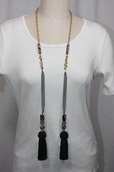 Tassel Stone and Bead Lariat Necklace Black and Gold