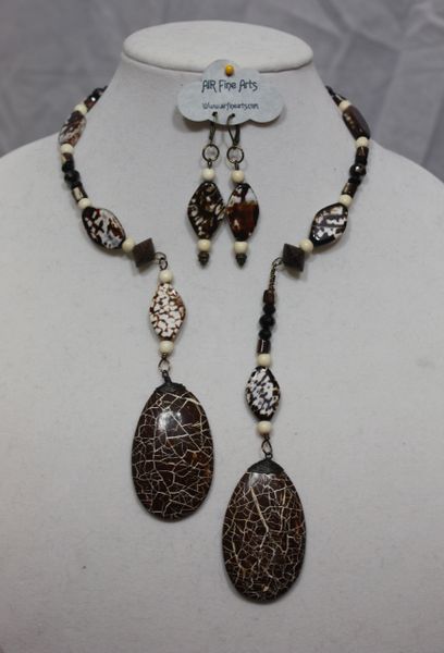 Brown Kola Nut, Cream Wood and Jasper Double Dangle Necklace and Earring Set