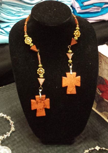 Leaf Jasper Rustic Cross and Ceramic Double Dangle Necklace and Earring Set.