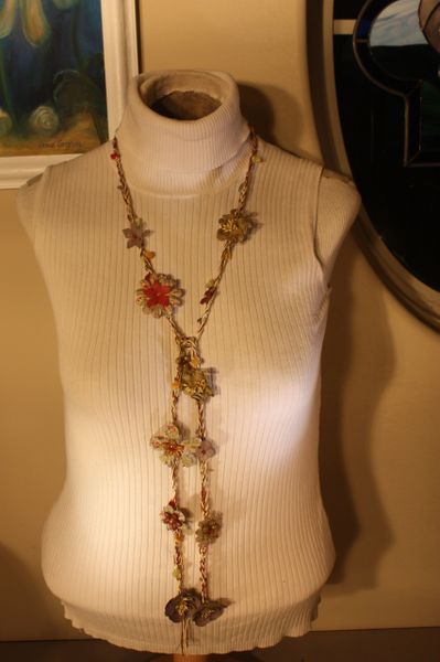 Burgandy, Cream and Sage Green with Natural Stone Crocheted Thread Daisy Chain Necklace Lariet
