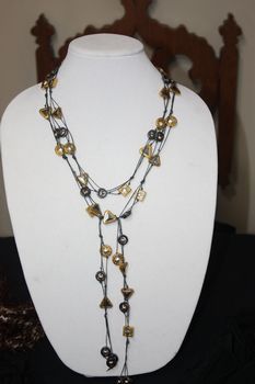 Grey Hand Knotted Irish Linen with Metal, Gold and Gunmetal and Hematitie Beads Necklace Lariet