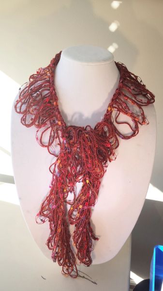 Crocheted Copper Satin Yarn and Gold, Red, Orange, Purple and Magenta Trellis Yarn Loop Scarf