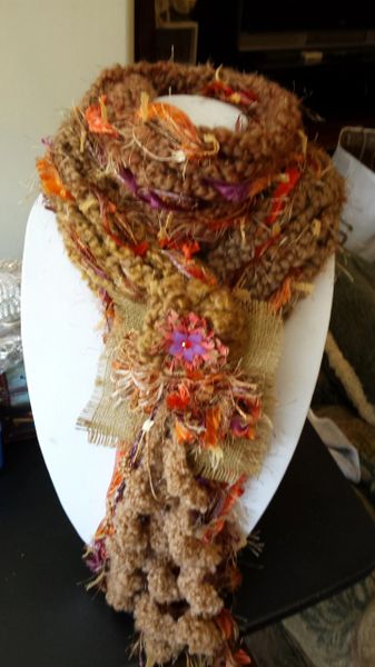 Cozy Brown Orange and Purple Winter Scarf with Burlap and Yarn Decorative Clasp