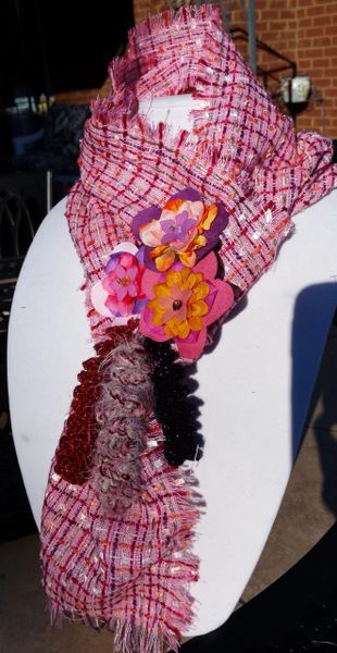 Multi Springy Magenta, Pink, Purple, Orange and White Hues, Silk Boucle' Fabric Scarf with Lucite and Yarn Flower Decorative Clasp