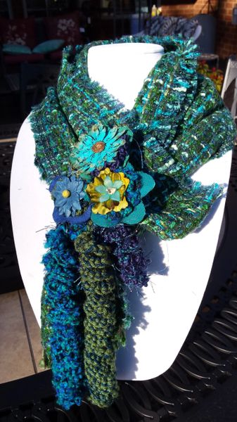 Multi Deep Turquoise Blue and Green and Purple Hues, Wool Boucle' Fabric Winter Scarf with Lucite and Yarn Flower Decorative Clasp