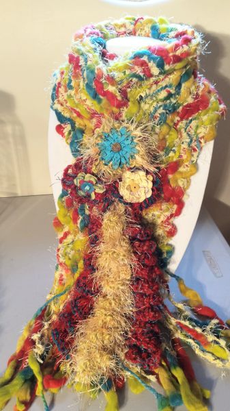 Cozy Red, Mustard Yellow, Lime Green and Cyan Hues, Acrylic Yarn Winter Scarf with Lucite and Yarn Flower Decorative Clasp