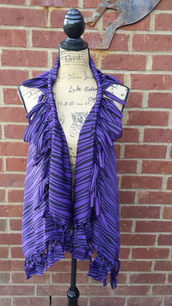Black and Purple Striped Fringe Vest with Beaded Fringe and Tuck Details