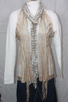 Cream, Taupe and Silver Grey Yarn with Silver Grey Eyelash Crocheted Rope Scarf