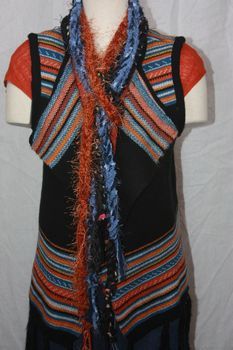 Orange Blue and Black Multi Yarn with Eyelash Crocheted Rope Scarves
