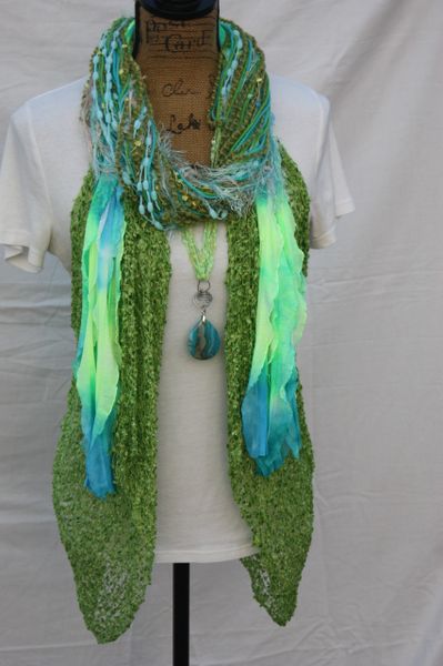 Lime Green and Turquoise Yarn Necklace Scarf