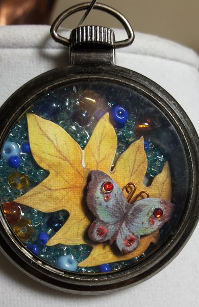 Butterfly & Leaf Pocket Watch Necklace with Natural Stone and Bead