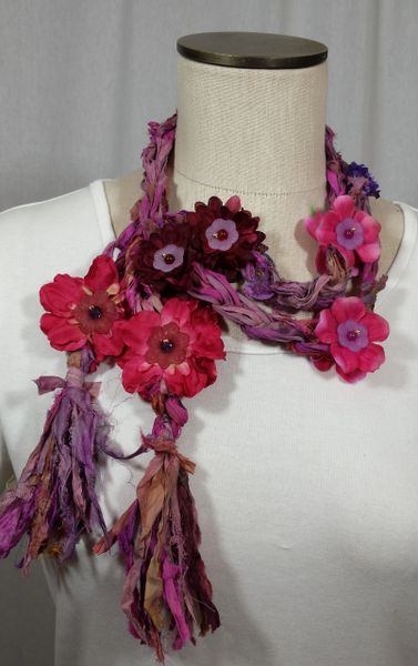 Magenta and Ruby Crocheted Recycled Sari Silk Scarf with Silk Flower, Stone and Bead Embellishment