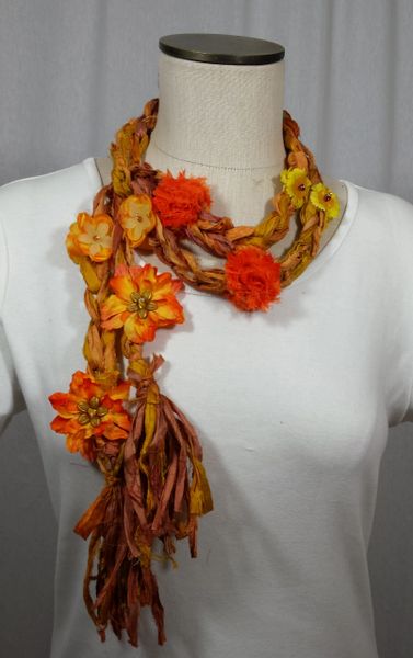 Sunshine Orange and Yellow Crocheted Recycled Sari Silk Scarf with Silk Flower, Stone and Bead Embellishment