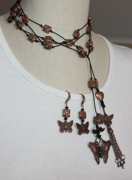 Long Black Leather and Copper Hand Knotted Lariat with Butterfly and Tassel Charms and Earring Set /Belt/Wrap Bracelet