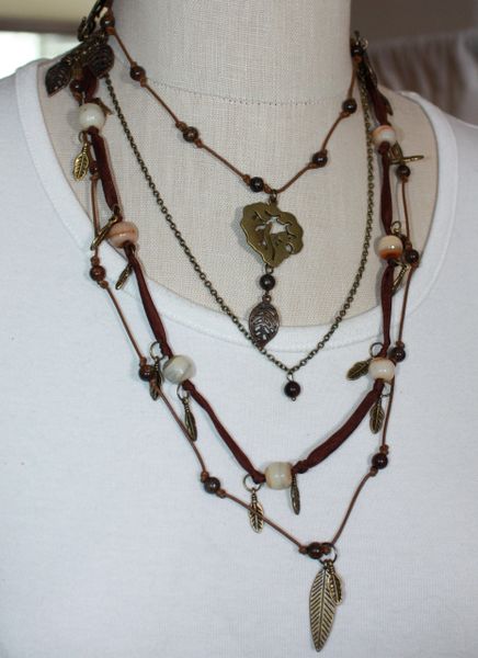 Brown Leather, Bronzonite and Agate and Silk Hand-knotted 3-Way Necklace Leaf Charms - Make 3 Necklaces in 1 - Wrap Bracelets
