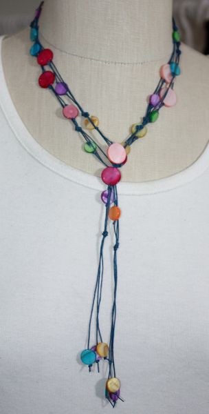 Hand-Knotted Blue Irish Linen Lariat with Multi Hue Shell Necklace