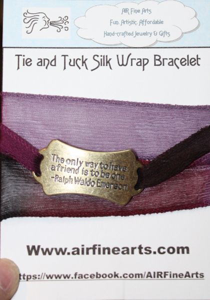 Hues of Purple Silk "Tie and Tuck" Wrap Bracelet Embellished with Bronze Quote