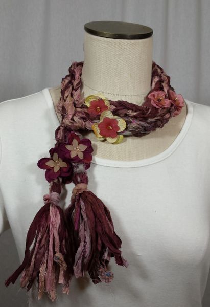 Burgundy and Mauve Crocheted Recycled Sari Silk Scarf with Silk Flower, Stone and Bead Embellishment