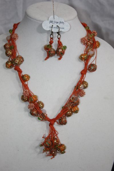 Handknotted Irish Linen Orange Maruti Bead, Copper and Crystal Necklace/Earring Set