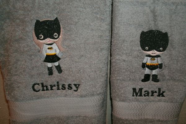 Batman & Batgirl His & Hers Personalized Bath Towels Wedding or Anniversary