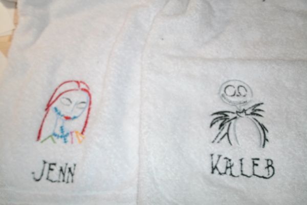 Nightmare Jack & Sally Sketch His & Hers Personalized Bath Towels Wedding or Anniversary