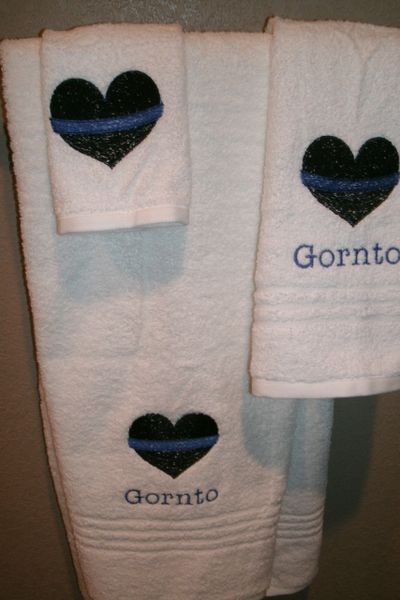 Police Blue Line Heart Police Policeman Personalized 3 Piece Towel Set