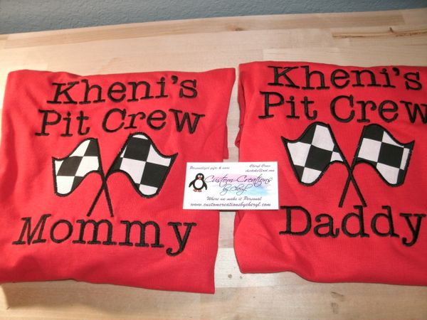 Pit Crew Racing Mom AND Dad Personalized Birthday Couples Shirts
